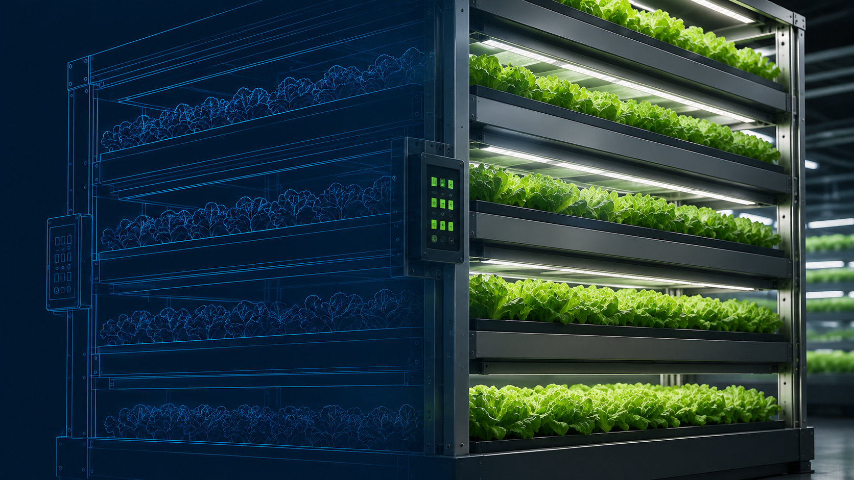 Indoor farm rack transitioning from CAD-style linework to a completed operating rack