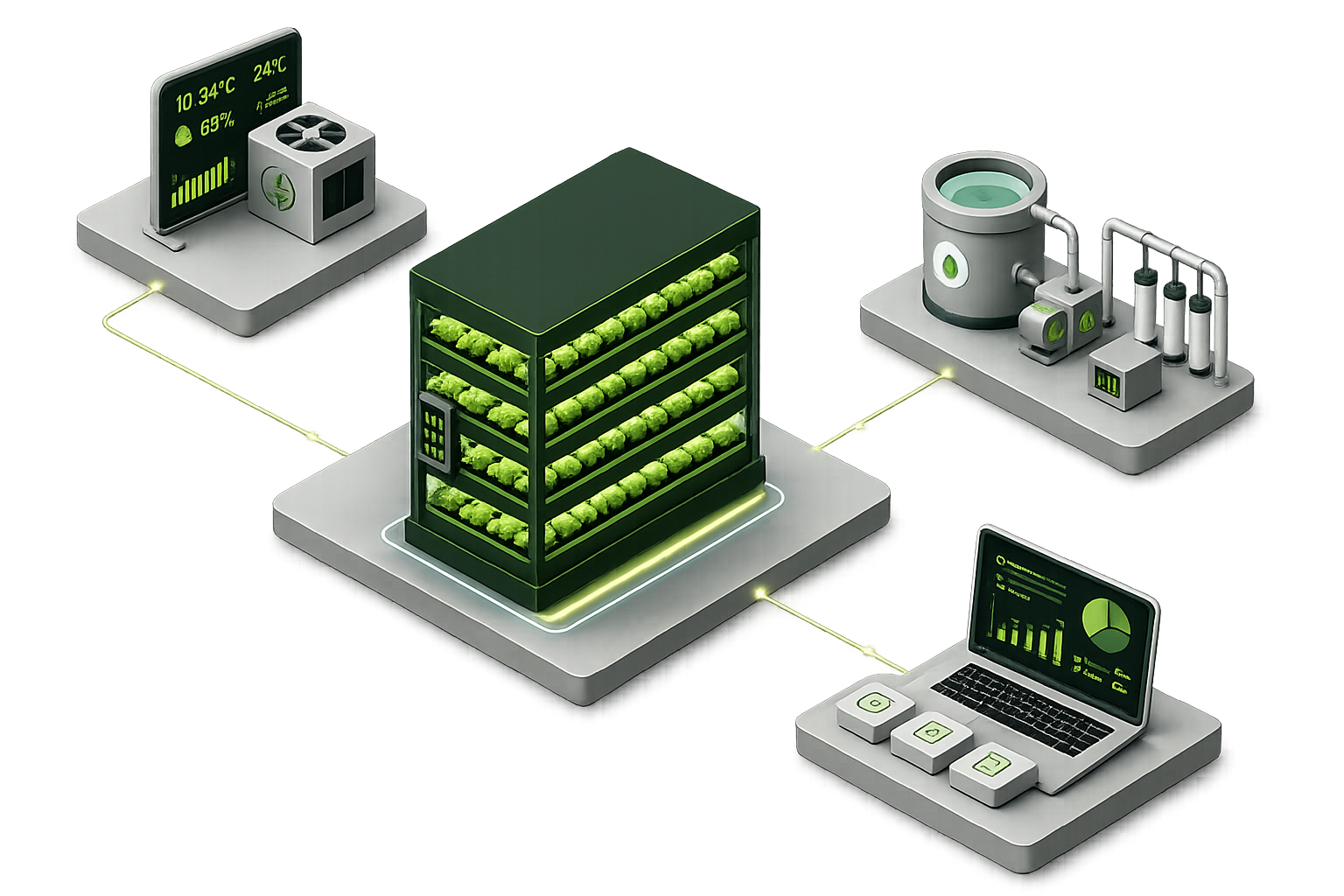 Simplified isometric indoor-farm system showing environmental control, crop production, irrigation and planning